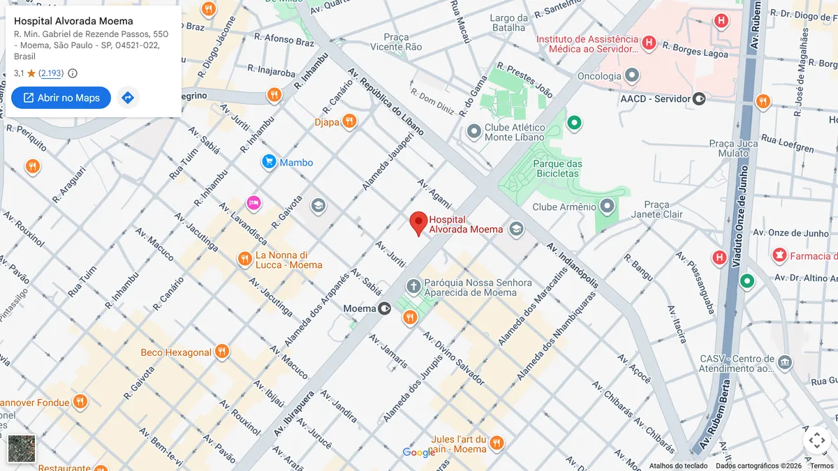 Mapa mostrando a localização do Hospital Alvorada Moema
