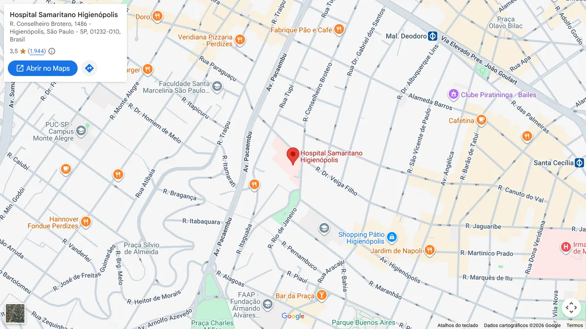 Mapa mostrando a localização do Hospital Samaritano Higienópolis